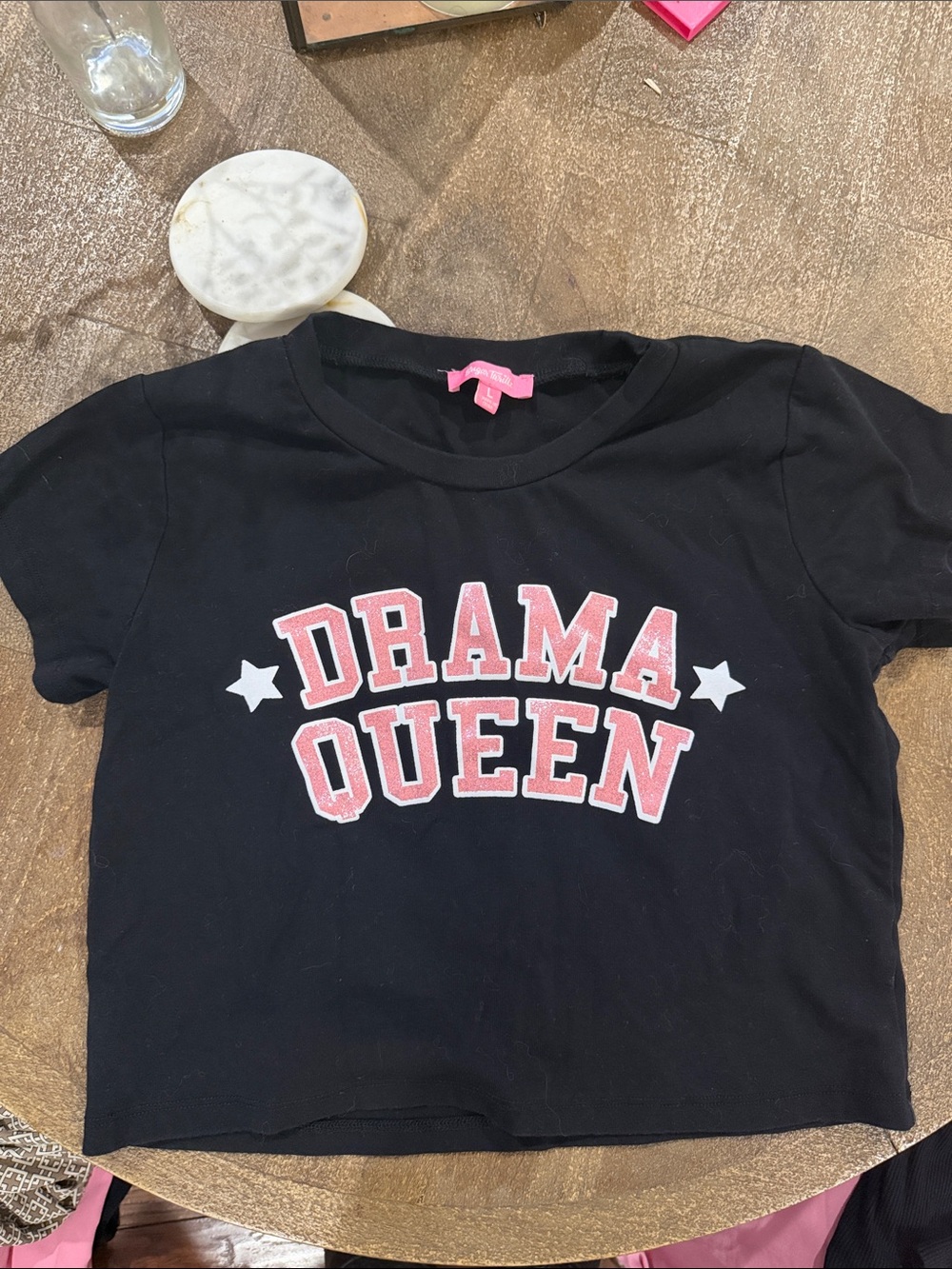 Dolls Kill Sugar Thrillz Black Crop Top with Pink "Drama Queen" glitter